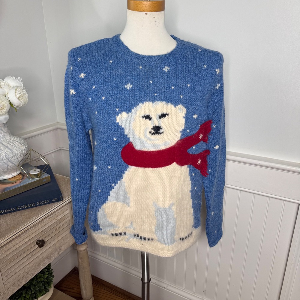 Northern Isles Polar Bear Sweater Blue Wool Angora 3D Scarf Small WPL 12391
